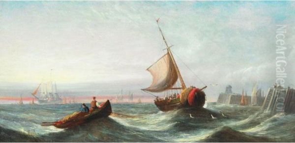 Shipping Off A Jetty; Shipping Off A Coast Oil Painting by William Calcott Knell