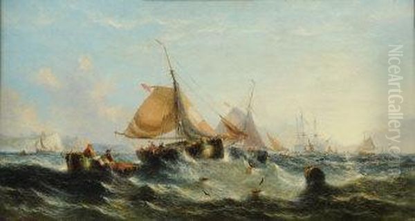 Morning Oyster Boats In The Channel Oil Painting by William Calcott Knell