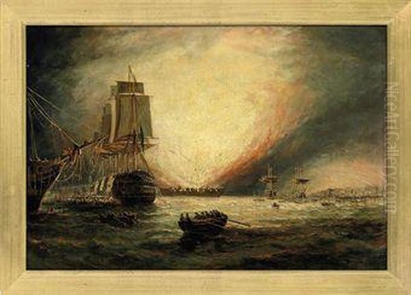 A Naval Bombardment Oil Painting by William Calcott Knell