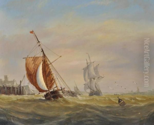 Fishing Fleet On Roughseas Oil Painting by William Calcott Knell