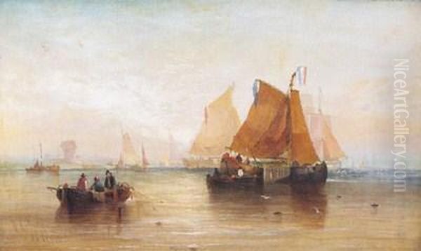 Dutch Boats In A Calm, River Dordrecht Oil Painting by William Calcott Knell