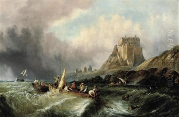 Fishermen Hauling In Their Catch In A Heavy Swell Below Lindisfarnecastle, Holy Island Oil Painting by William Calcott Knell