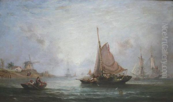 Fishing Boats And Other Vessels In Coastal Waters At Sunset Oil Painting by William Calcott Knell