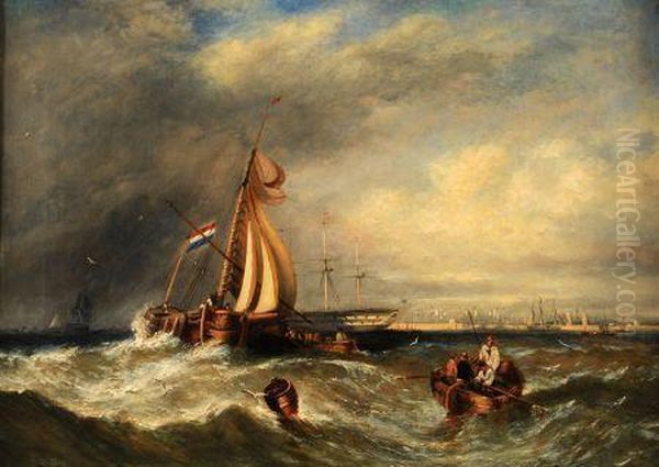 Fishing Boats Off A Harbour Oil Painting by William Calcott Knell