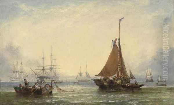 Fishermen Drying Their Sails At 
The End Of The Day, Royal Navy Two-deckers Anchored Beyond Oil Painting by William Calcott Knell