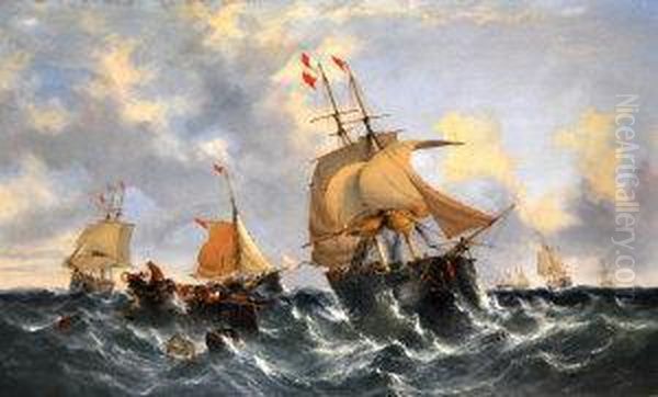 A Twin-masted Brig And Merchant Ships In A Heavy Swell Oil Painting by William Calcott Knell