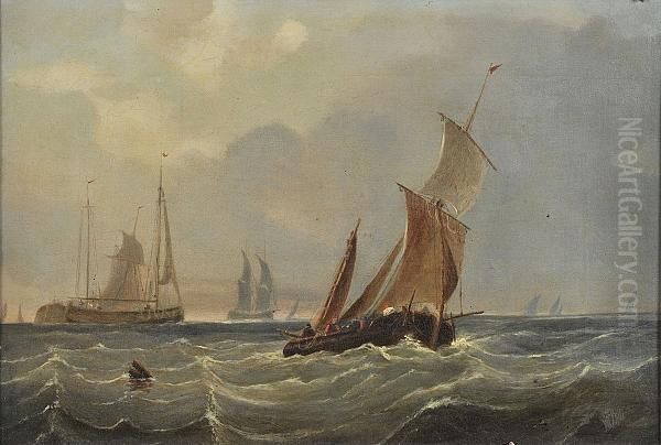 Fishing Boats And Other Vessels In A Swell, Signed, Oil On Canvas Oil Painting by William Calcott Knell