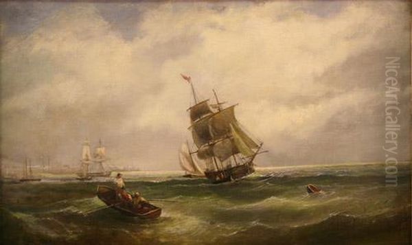 Figures In A Rowing Boat And Sailing Vessels Near A Harbour Oil Painting by William Calcott Knell