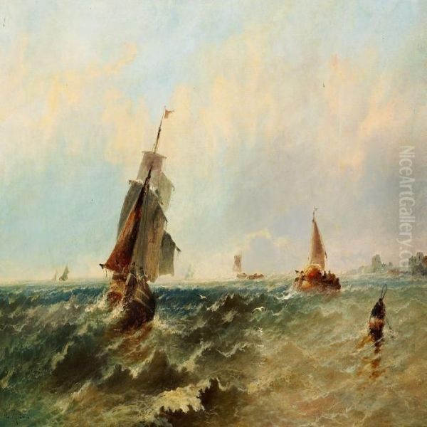 Seascape Withfishing Boats In Stormy Weather Off The Coast Oil Painting by William Calcott Knell