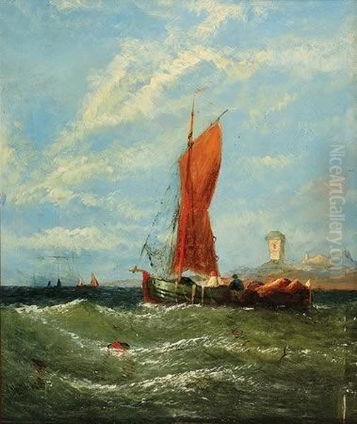 Coastal Boating Scene With Lighthouse Oil Painting by William Calcott Knell