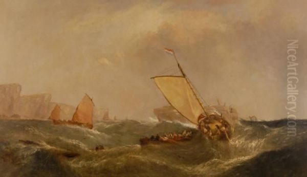 Oil On Canvas,fishing Vessels 
Rescuing Sailors From A Ship Wreck Off The Coast,signed With Inscription
 Verso. 