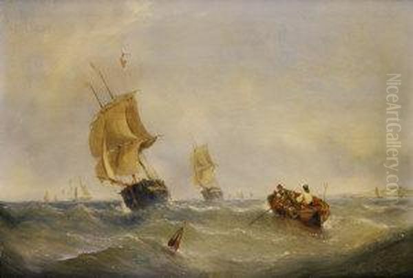 Figures Rowing In Heavy Seas With Shipping Oil Painting by William Calcott Knell