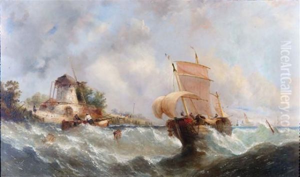 A French Fishing Boat Off The Dutch Coast In Stormy Waters Oil Painting by William Calcott Knell