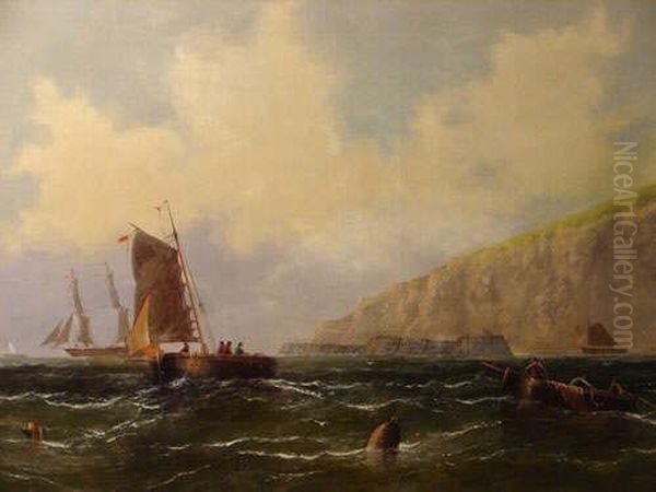 Coastal View With Fishermen & Boats Oil Painting by William Calcott Knell