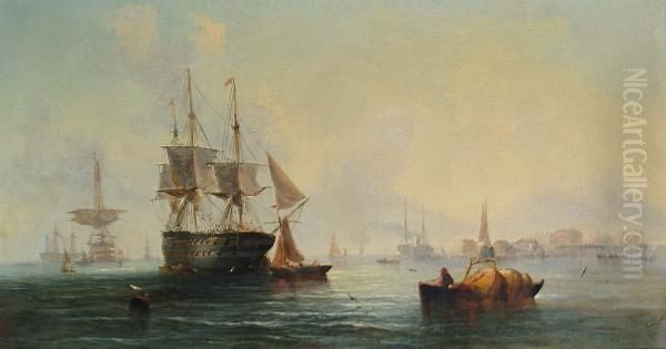 Warship At Twilight; Warships At Sea Oil Painting by William Calcott Knell