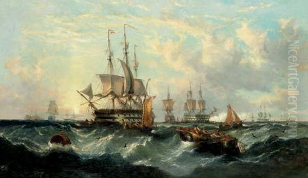 Warships Approaching The Anchorage Oil Painting by William Calcott Knell