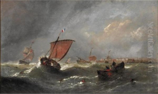 Lug Sail Returning Into Port; Fishing Boats In The Channel Oil Painting by William Calcott Knell