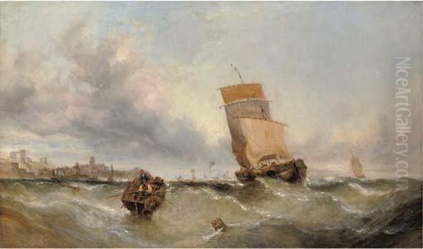 A Boulogne Lugger Caught In A Swell Off A French Channel Port Oil Painting by William Calcott Knell