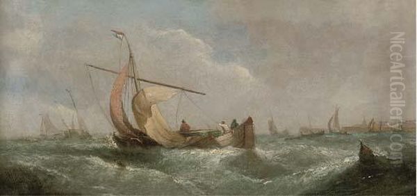 Dutch Barges Drying Their Sails At Dusk; And A Blustery Day Offshore (illustrated) Oil Painting by William Calcott Knell