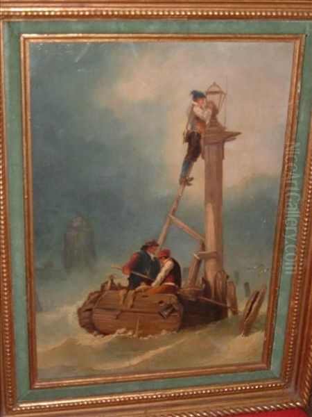 Figures In Aboat Attaching A Lantern To A Buoy Oil Painting by William Calcott Knell