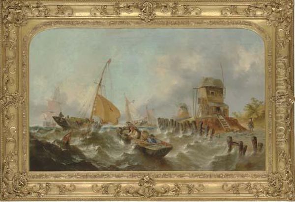 Fishing Off A Jetty With A Windmill In The Distance Oil Painting by William Calcott Knell