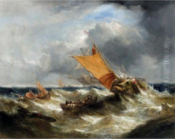 A Dutch Ship Aiding A Dismasted Vessel Oil Painting by William Calcott Knell