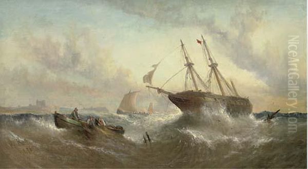 A Merchantman Ashore Off Dunstanburgh Castle Oil Painting by William Calcott Knell