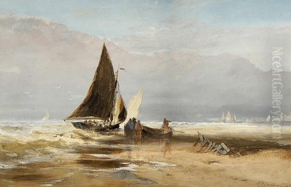 Yarmouth Beach - Boat Unloading Oil Painting by William Calcott Knell