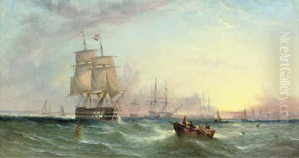 Fishing Boats Off A Dutch Coast; And The Fleet At Anchor Off Aharbor Oil Painting by William Calcott Knell