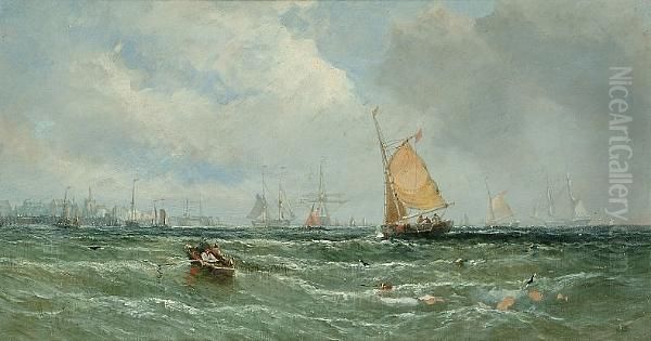 Fishing Boats Off Yarmouth Oil Painting by William Calcott Knell