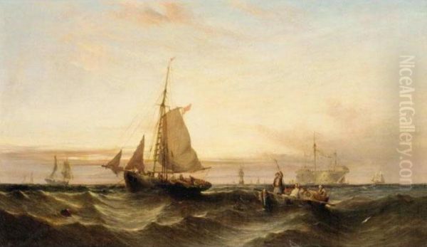 Throwing Lobster Pots At Dawn; Raising The Catch At Sunset Oil Painting by William Calcott Knell