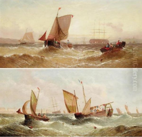 Fishing Boats; Stormy Seas Oil Painting by William Calcott Knell