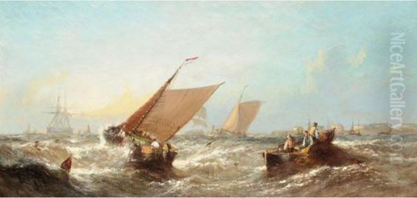 Fishing Boats In Heavy Seas Off Port Oil Painting by William Calcott Knell