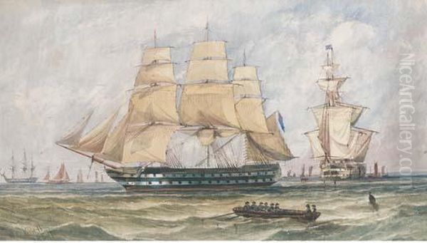 Ships Of The Blue Squadron Lying
 In Spithead Prior To Departing For The Baltic Or The Crimea Oil Painting by William Calcott Knell