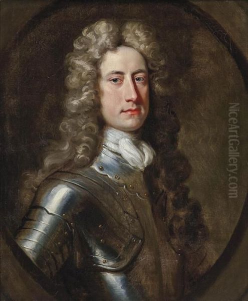 Portrait Of William Stanhope, 
1st Earl Of Harrington (1683?-1756), Half-length, In Armour, In A 
Sculpted Oval Oil Painting by Sir Godfrey Kneller