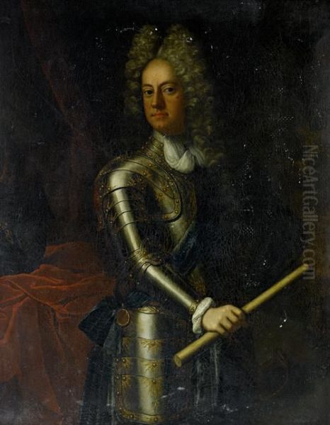 Portrait Of A Gentleman, 
Traditionally Identified As James Butler, 2nd Duke Of Ormond 
(1665-1745), Three-quarter-length, Holding A Marshall's Baton, In A Suit
 Of Armour With The Sash And Badge Of The Order Of The Garter Oil Painting by Sir Godfrey Kneller