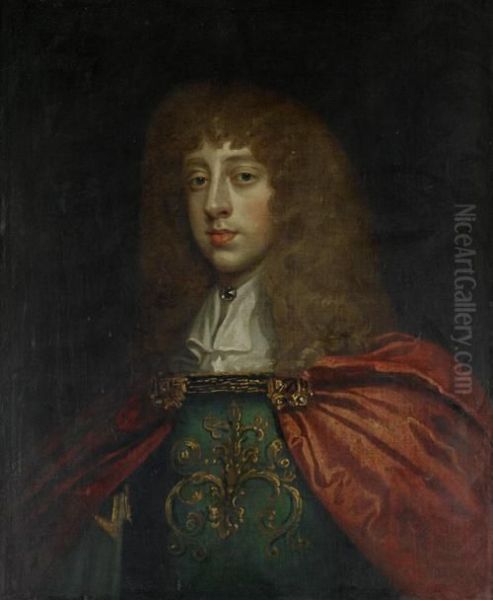 Portrait Of A Gentleman, Bust-length, In An Embroidered Costume And A Red Mantle Oil Painting by Sir Godfrey Kneller