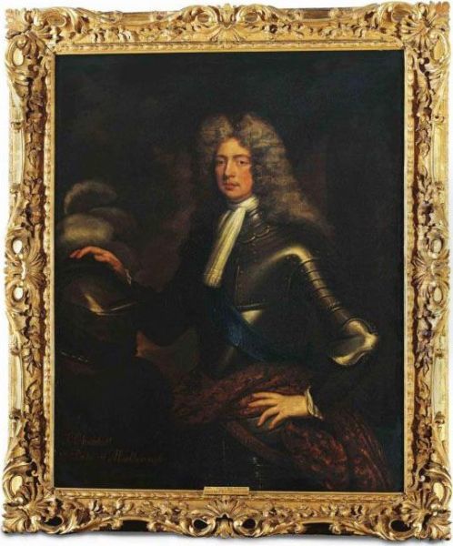 Portrait Of An Officer, 
Traditionally Identified As John, 1st Duke Of Marlborough (1650-1722), 
Three-quarter-length, In Armour With The Sash Of The Garter, His Right 
Hand On A Plumed Helmet Oil Painting by Sir Godfrey Kneller