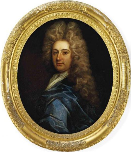 Portrait Of A Gentleman, Bust-length, In A Blue Wrap And A Whitestock Oil Painting by Sir Godfrey Kneller