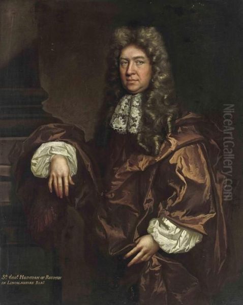 Portrait Of Sir Thomas Hodgson 
Of Rouston, Three-quarter-length, Inrust Robes With A Lace Collar, 
Beside A Column Oil Painting by Sir Godfrey Kneller