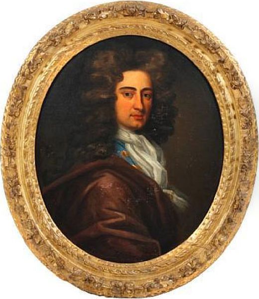 A Portrait Of A Gentleman, Bust 
Length,wearing Plum Coloured Cloak, Blue Jacket And White 
Neckerchief,with Flowing Wig Oil Painting by Sir Godfrey Kneller