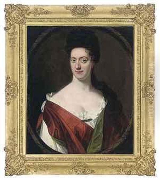 Portrait Of A Lady, Bust-length, In A White And Red Dress Oil Painting by Sir Godfrey Kneller