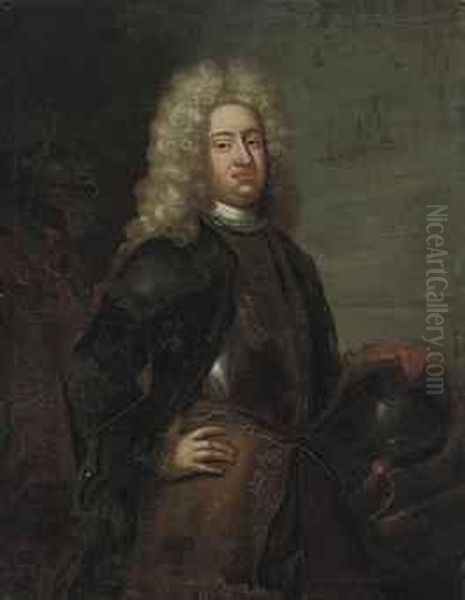 Portrait Of A Gentleman, 
Three-quarter-length, In Armour, His Lefthand Resting On A Helmet Oil Painting by Sir Godfrey Kneller