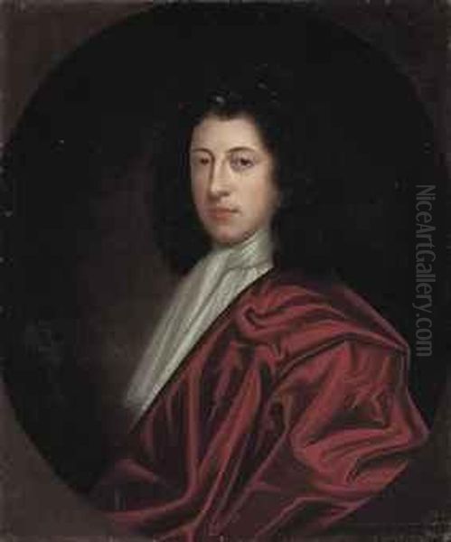 Portrait Of A Gentleman, 
Half-length, In A Red Coat And White Silkscarf, In A Feigned Oval Oil Painting by Sir Godfrey Kneller