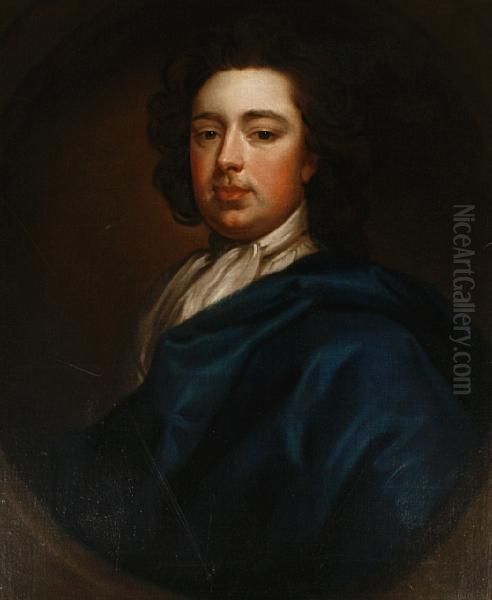 Portrait Of A Gentleman, 
Half-length, In Ablue Mantle And A White Jabot, Within A Painted Oval Oil Painting by Sir Godfrey Kneller