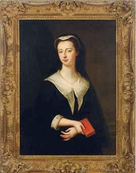 Portrait Of A Lady, Said To Be 
Martha, Wife Of John Evelyn, Halflength, Wearing A Black Dress, Holding A
 Red Book Oil Painting by Sir Godfrey Kneller