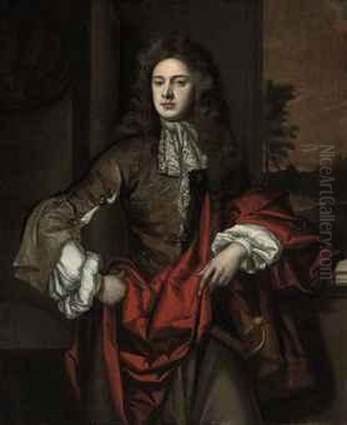 Portrait Of A Gentleman, 
Three-quarter-length, In A Jewel-encrusted Grey Coat With Lace Cravat 
And A Red Sash, In A Landscape Oil Painting by Sir Godfrey Kneller