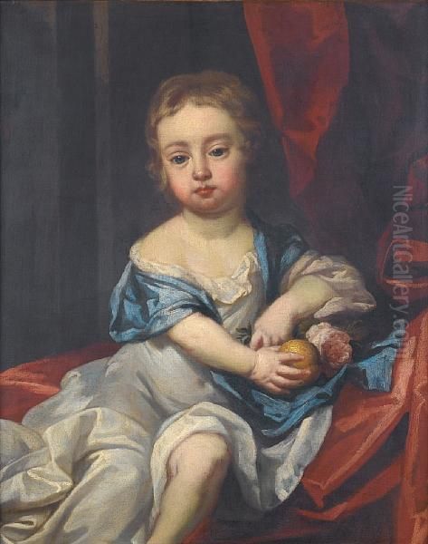 Portrait Of A Young 
Child,three-quarter-length, Holding A Rose And A Lemon, Seated Before 
Ared Curtain Oil Painting by Sir Godfrey Kneller