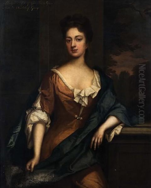 Ritratto Di Margaret Trevelyan,con Abito Rosso E Manto Azzurro Oil Painting by Sir Godfrey Kneller