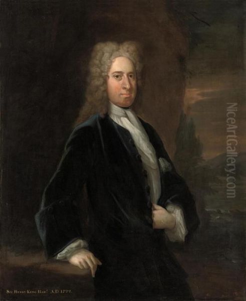 Portrait Of A Gentleman, 
Traditionally Identified As Sir Henryking, Three-quarter Length, In A 
Blue Coat, A Landscape Beyond Oil Painting by Sir Godfrey Kneller